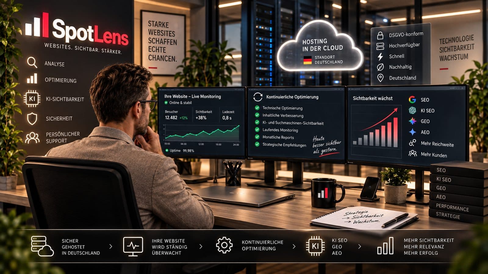 Illustration: Ein Mann an drei Monitoren mit Website-Monitoring, laufender Optimierung und Sichtbarkeit, darüber eine Wolke mit dem Text Hosting in der Cloud, Standort Deutschland