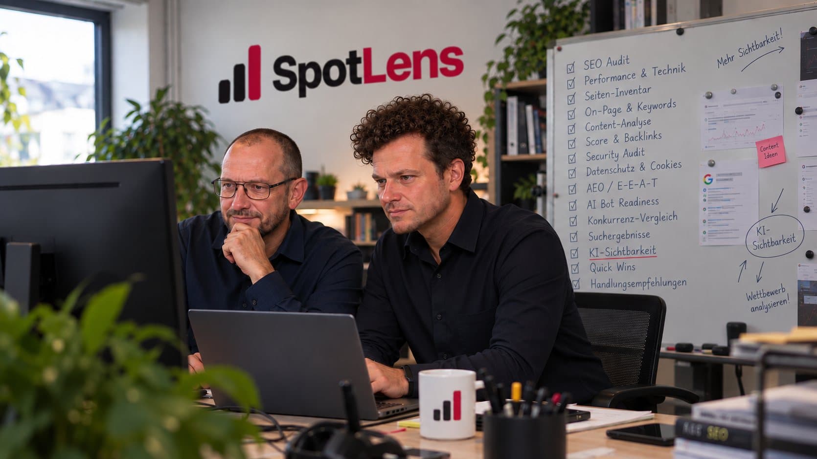 Illustration: Zwei Personen prüfen am Laptop ein Website-Audit, an der Wand das SpotLens-Logo, daneben ein Whiteboard mit den Prüfpunkten des Audits